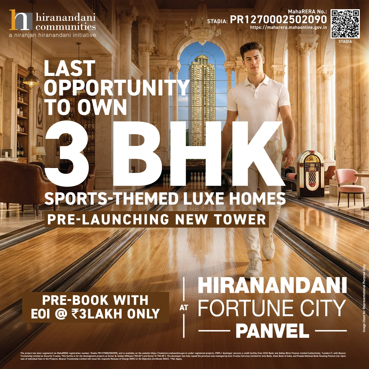 Stadia 3 BHK pre-launch — clubhouse bowling alley with tower view