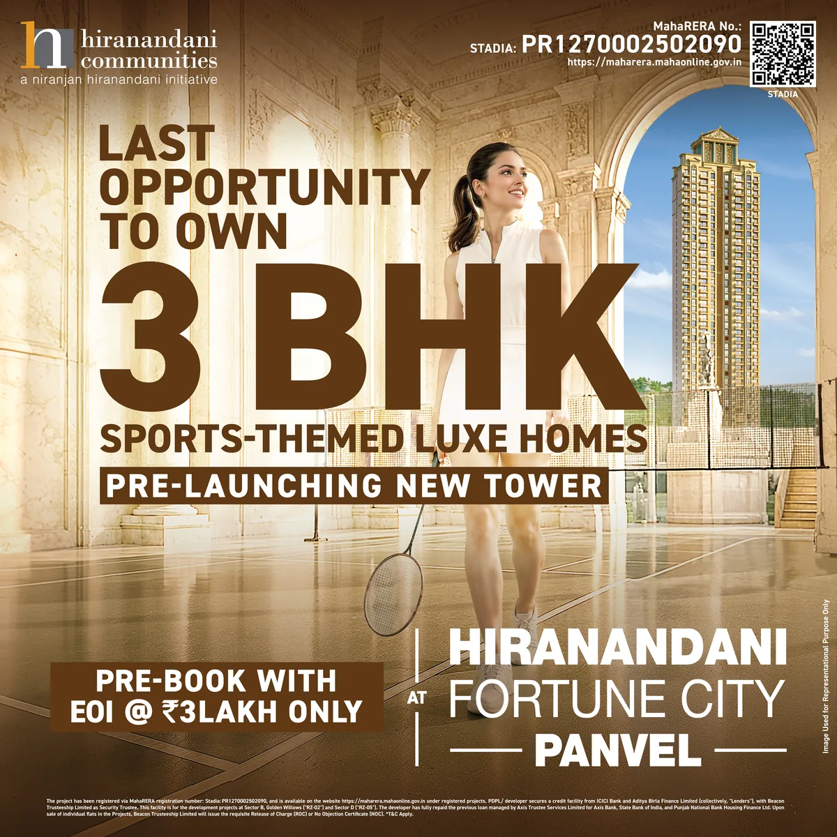 Stadia 3 BHK pre-launch — clubhouse badminton court with tower view