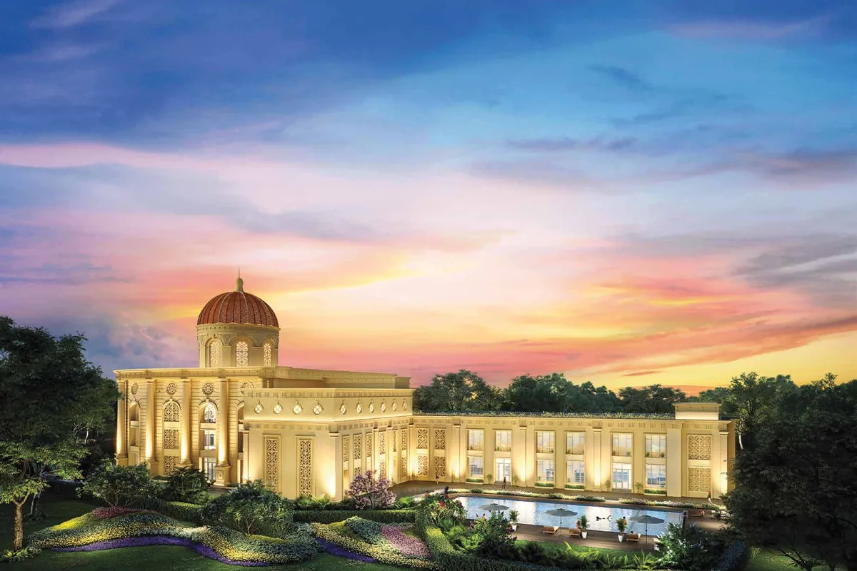 Club Royale — the 90,000+ sq.ft clubhouse at Hiranandani Fortune City at sunset
