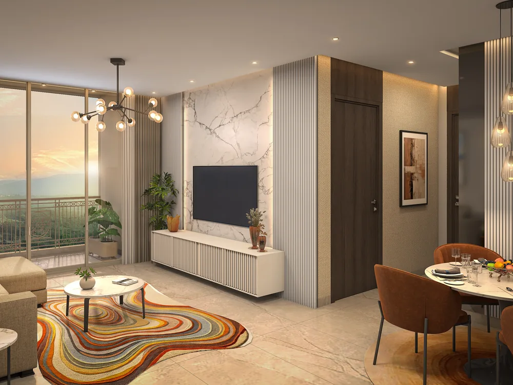 2 BHK living room interior render at The Arena