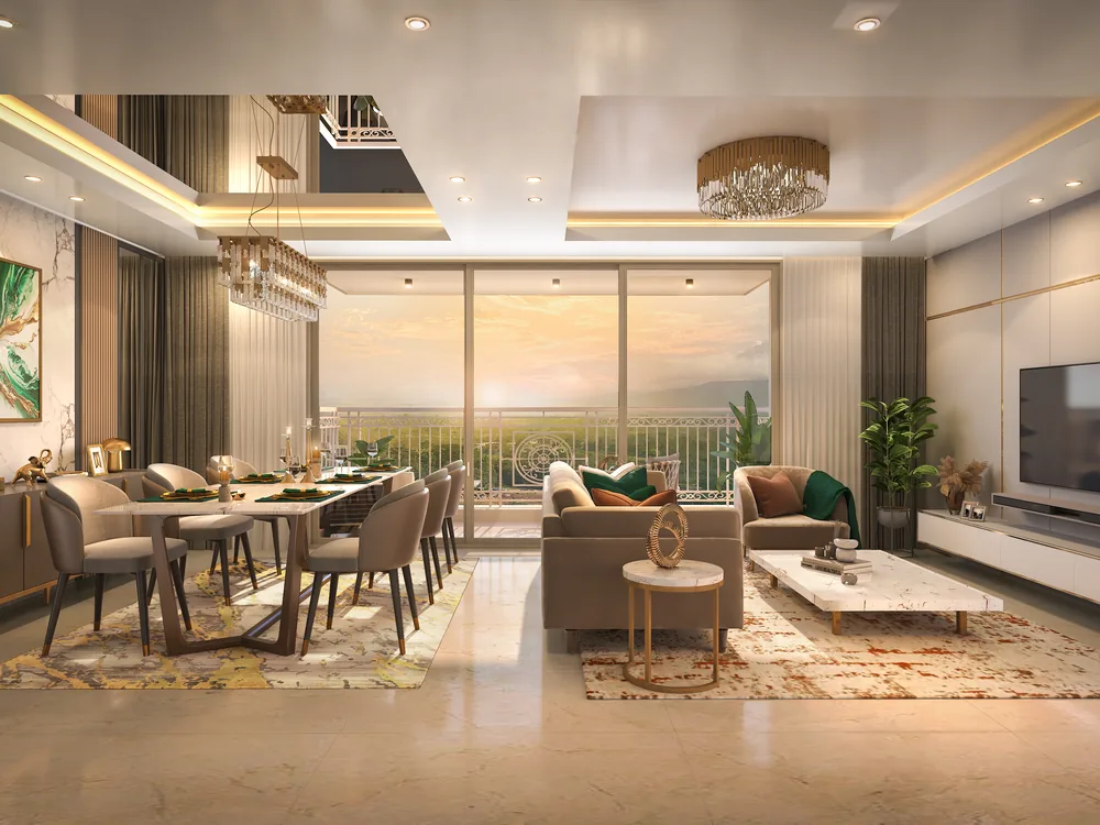 3 BHK living and dining interior render at The Arena