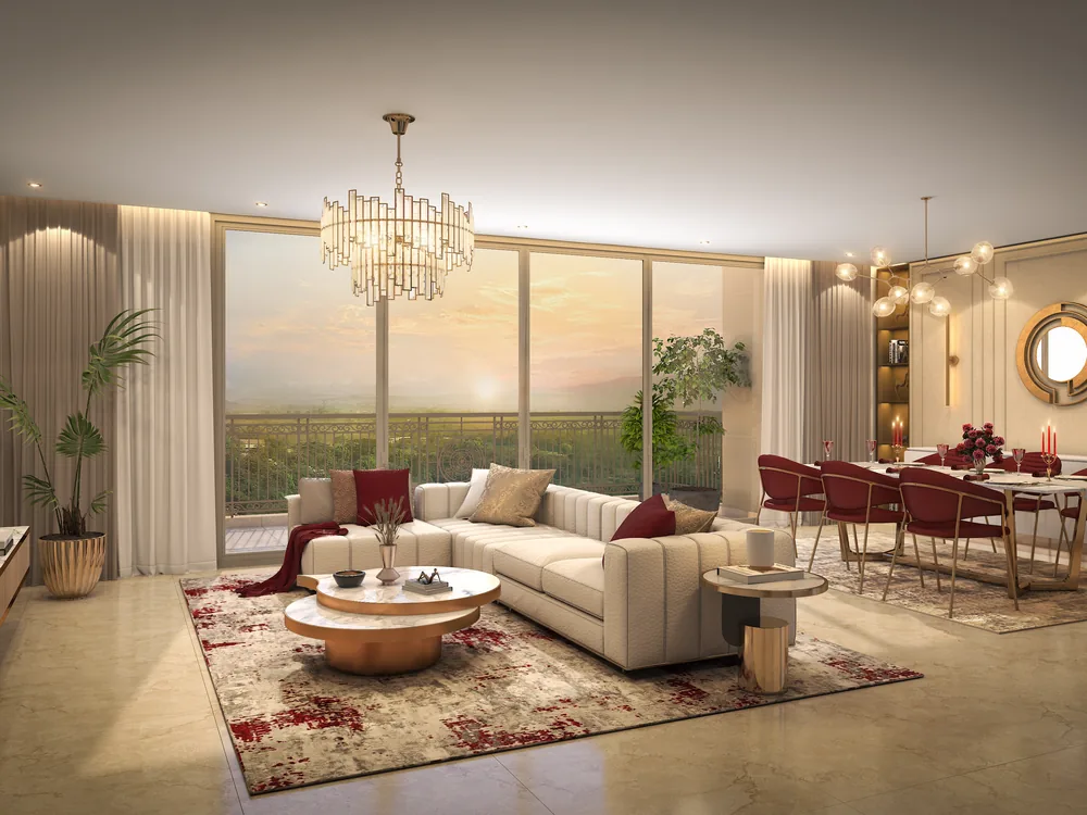 4 BHK living and dining interior render at The Arena