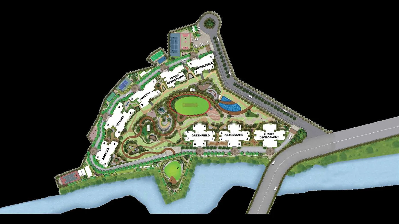 The Arena master layout plan showing Pavilion, Grandstand, Atheletica, Greenfield, Arcadia and Citadel towers